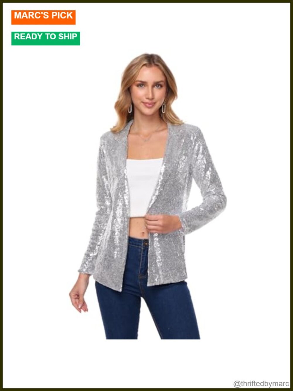 Sequin Open Front Blazer Jacket with Pockets Long Sleeve Party Sparkly